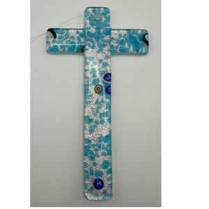 NWOT Murano Glass Italy Cross Blue & Silver Leaf Millefiori Wall Hanging 5.75 in